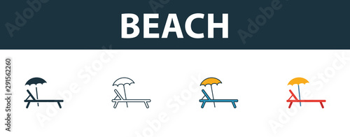 Sunbed icon set. Four simple symbols in diferent styles from travel icons collection. Creative sunbed icons filled, outline, colored and flat symbols