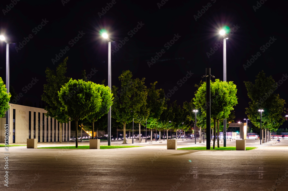 Walking path in the Park illuminated by lanterns. Park in Krasnodar.