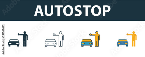 Autostop icon set. Four simple symbols in diferent styles from travel icons collection. Creative autostop icons filled, outline, colored and flat symbols