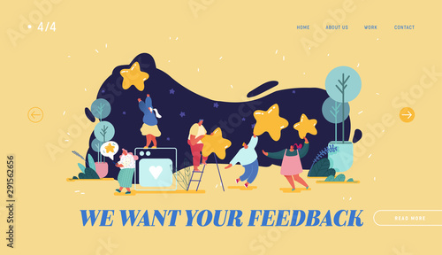 Landing Page, web design, banner with Woman leaving best review. Customer experience or satisfaction, positive feedback, five star rating, product or service review and evaluation. Vector illustration