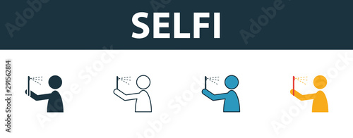 Selfi icon set. Four simple symbols in diferent styles from travel icons collection. Creative selfi icons filled, outline, colored and flat symbols
