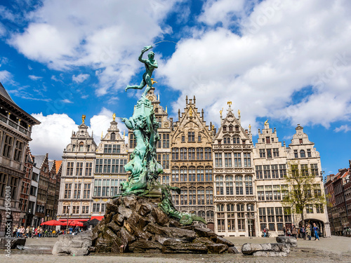 Grote Markt square with statue of Brabo and medieval guild houses in Antwerp, Belgium