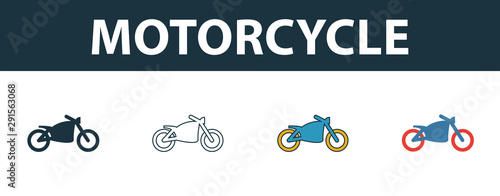 Motorcycle icon set. Four simple symbols in diferent styles from transport icons collection. Creative motorcycle icons filled, outline, colored and flat symbols