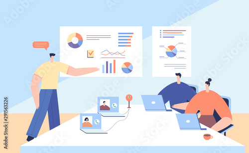 Online conference with business partners. Team thinking and brainstorming. People discussing corporation results with video communication. Modern businessmen interacting with analysis statistics.