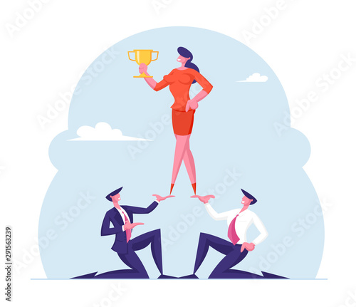 Teamworking and Goal Achievement Concept. Pyramid of Business People. Young Businesswoman Leader Holding Golden Goblet Stand on Top. Leadership, Successful Team Work Cartoon Flat Vector Illustration