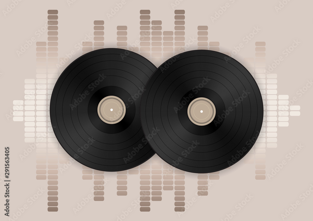 Obraz premium Music concept with vinyl disks and equalizer on a beige background.