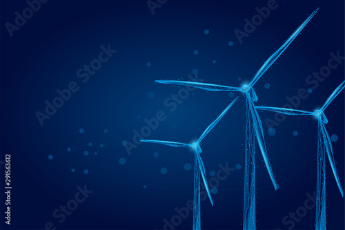 Three wind mills consisting of points, lines, and shapes. Wind turbines field. Renewable alternative sources of electric energy. Low poly wire frame vector illustration. © Brazhyk