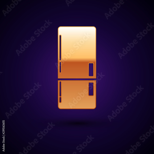 Gold Refrigerator icon isolated on dark blue background. Fridge freezer refrigerator. Household tech and appliances. Vector Illustration