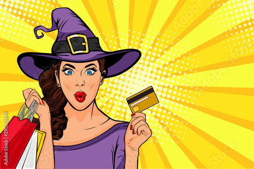 Halloween sale vector illustration. Sexy young girl in witch costume and shopping bags in pop art retro comic style