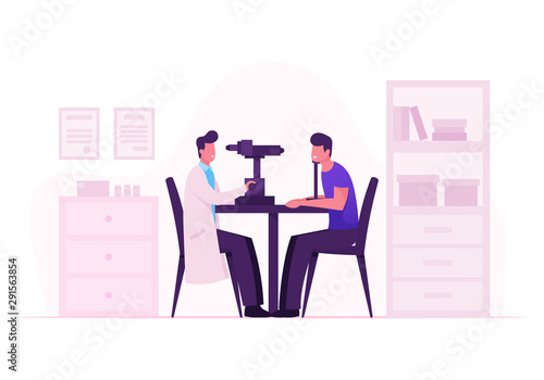 Ophthalmologist Doctor Test Myopia Eye on Special Device. Oculist Checkup Optometry for Eyeglasses. Medical Optician Treatment Patient Foresight Focus Correction. Cartoon Flat Vector Illustration