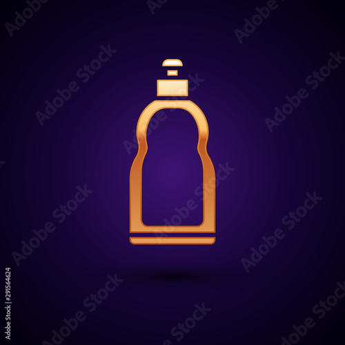 Gold Plastic bottle for liquid laundry detergent, bleach, dishwashing liquid or another cleaning agent icon isolated on dark blue background. Vector Illustration