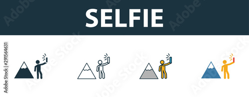 Selfie icon set. Four simple symbols in diferent styles from tourism icons collection. Creative selfie icons filled, outline, colored and flat symbols