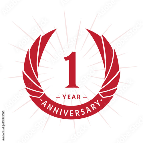 1st year anniversary celebration design. One years logotype. Red vector and illustration.
