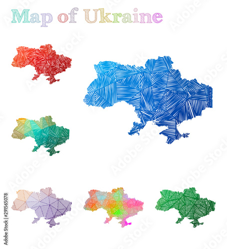 Hand-drawn map of Ukraine. Colorful country shape. Sketchy Ukraine maps collection. Vector illustration.