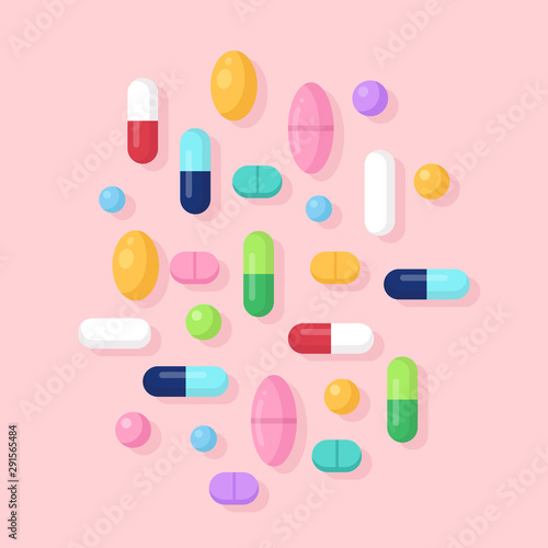 Pill, capsule, medicine isolated on background. Pharmacy, medical addiction concept. Vector flat design