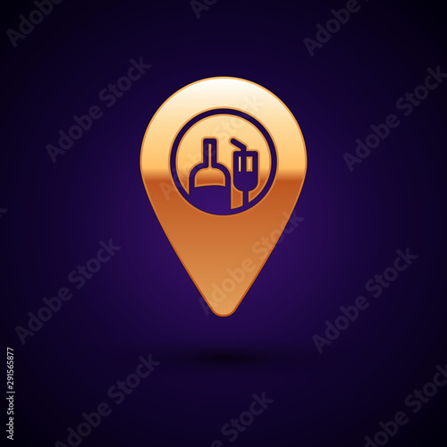Gold Alcohol or beer bar location icon isolated on dark blue background. Symbol of drinking, pub, club, bar. Vector Illustration