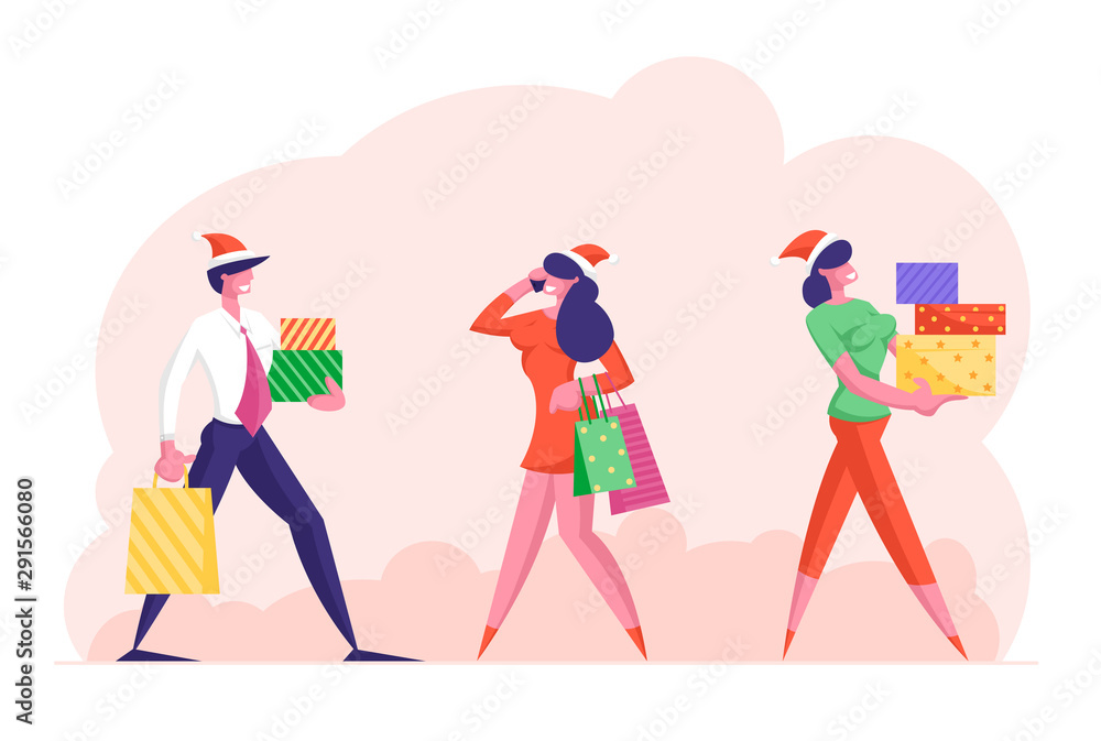 Happy People in Formal Wear and Sana Hats Carry Gift Boxes Walking to Corporate Party Celebration. Business Characters Christmas. Men Women Buying Presents on Holidays Cartoon Flat Vector Illustration