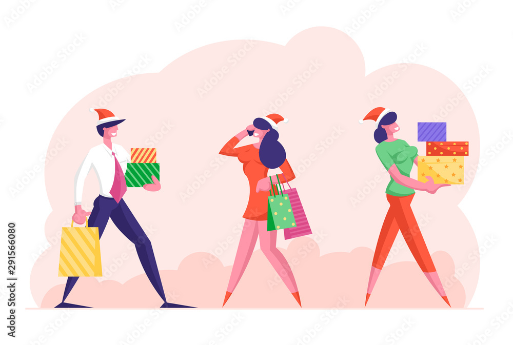Fototapeta premium Happy People in Formal Wear and Sana Hats Carry Gift Boxes Walking to Corporate Party Celebration. Business Characters Christmas. Men Women Buying Presents on Holidays Cartoon Flat Vector Illustration
