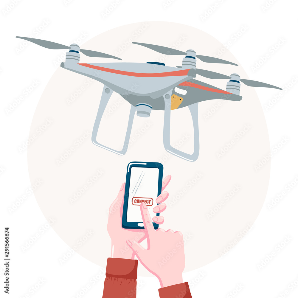 Quadcopter drone and hands touching connect button on smartphone