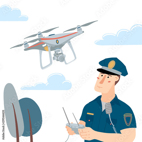 Police officer, policeman operating a flying drone with remote controller, flat style vector illustration isolated on white background. Policeman operating a patrolling drone, clouds and trees