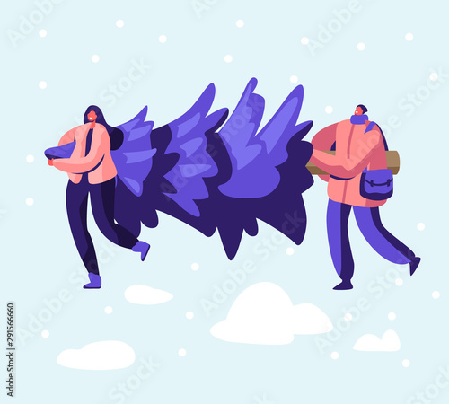 Happy Couple of Male and Female Characters Carry Fir Tree for Christmas and New Year Party Celebration. Young People City Dwellers Prepare for Winter Holidays Events. Cartoon Flat Vector Illustration