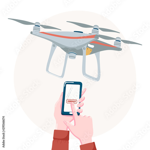 Quadcopter drone and hands touching connect button on smartphone, mobile phone screen, flat cartoon vector illustration isolated on white background. Controlling drone with smartphone concept