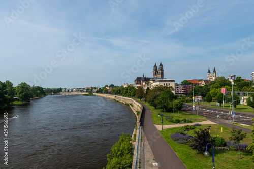 View over elbe and the cathedral in Magdeburg.