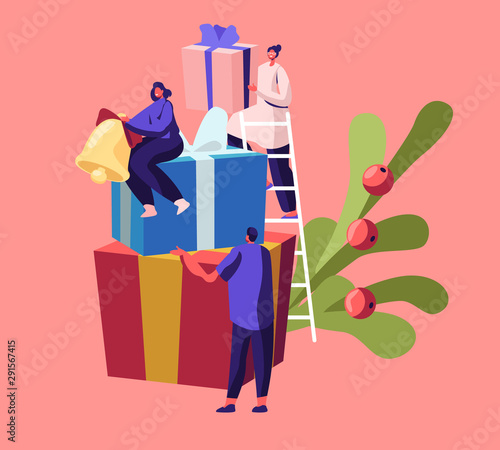 Tiny Male and Female Characters Prepare for Christmas and New Year Party Celebration. Woman Sitting on Heap of Festive Presents Holding Bell Girl Put Gift on Stack Top Cartoon Flat Vector Illustration