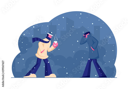 Chilled Passerby People Walking Against Wind and Snow on Street in Cold Snowy Autumn or Winter Weather