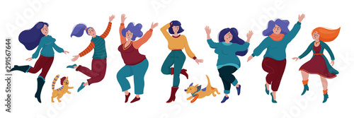 Set, group of happy dancing women in warm clothes, autumn season celebration, body positive concept, vector illustration isolated on white background. Set of happy pretty girls, women dancing