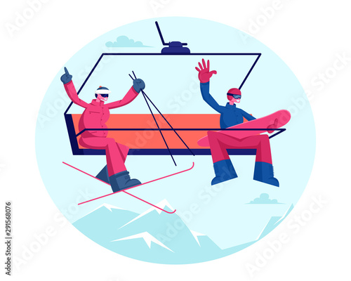 Happy Couple Rise to Ski Lift Elevator Waving Hands. Sportsmen Skier and Snowboarder Go Up Hill on Cable Rope Mountain Funicular with Equipment Skis and Snowboard. Cartoon Flat Vector Illustration