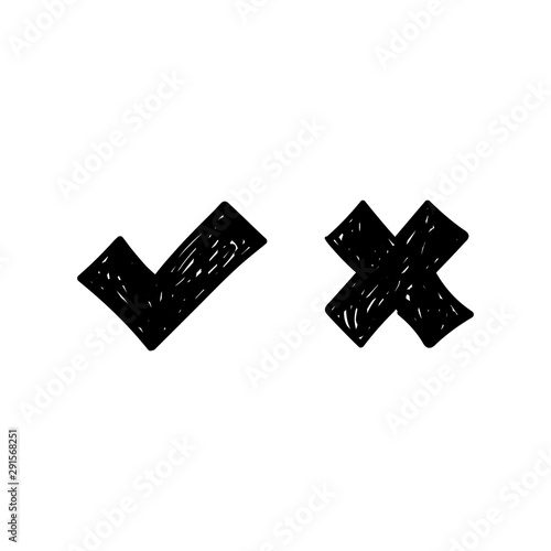 Hand drawn check mark icons. Tick and x cross doodles