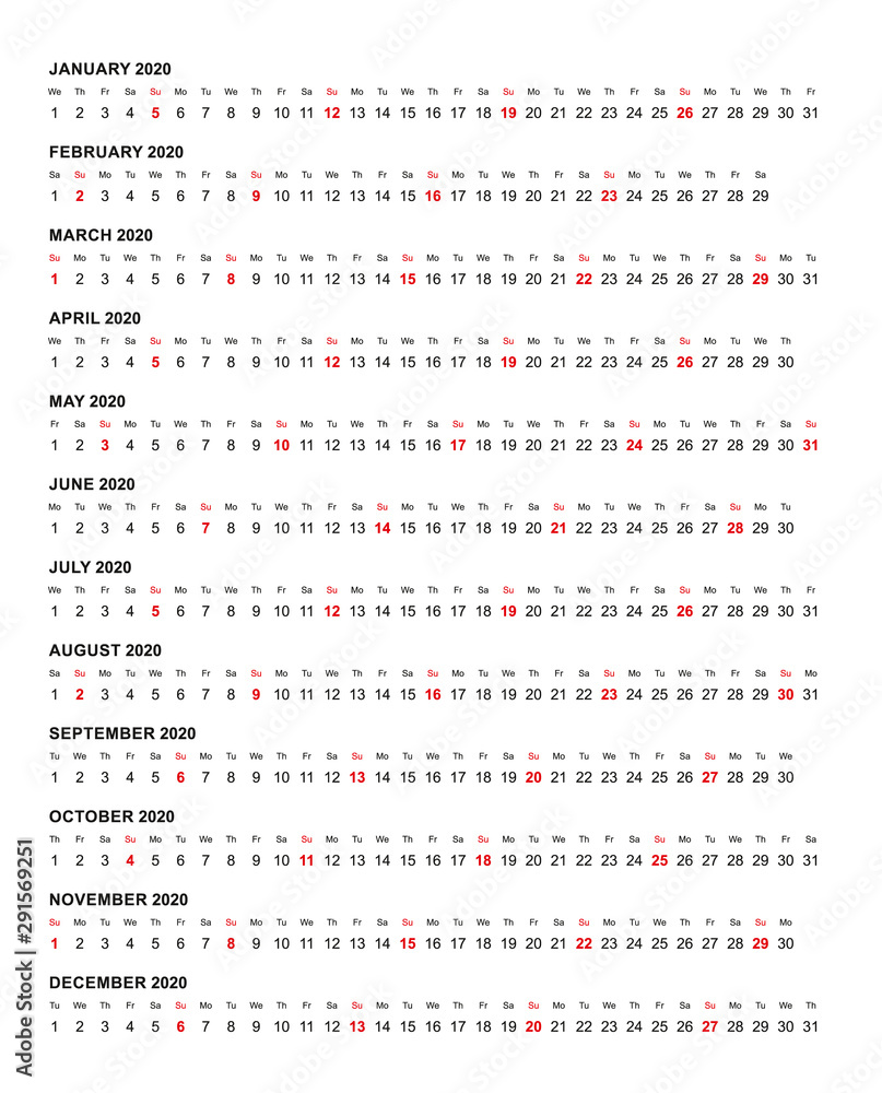 Simple horizontal calendar template year 2020 - obrazy, fototapety, plakaty 