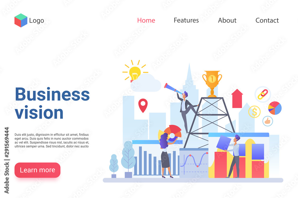 Business vision flat landing page template. Company promotion website design layout. Business development, strategy building web page concept. Teamwork improvement, staff support webpage interface