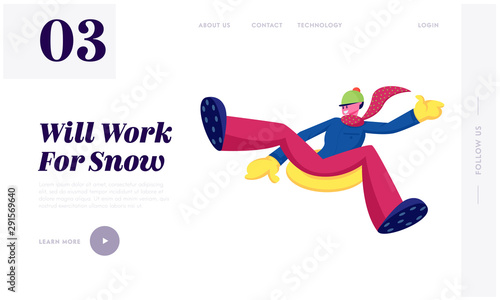 Outdoors Winter Activity Website Landing Page. Man Sliding Off Snow Hill on Tubing at Park or Resort. Young Male Character Sledging at Inflatable Tube Web Page Banner. Cartoon Flat Vector Illustration