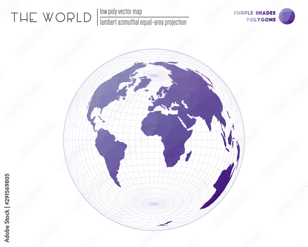 Low poly world map. Lambert azimuthal equal-area projection of the world. Purple shades colored polygons. Creative vector illustration. Low poly world map. Lambert azimuthal equal-area projection of the world. Purple shades colored polygons. Creative vector illustration.