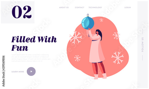 New Year and Christmas Winter Holidays Website Landing Page. Happy Woman Holding Huge Decorative Ball for Fir-Tree Decoration and Falling Snowflakes Web Page Banner. Cartoon Flat Vector Illustration