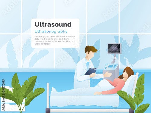 Ultrasound diagnostic illustration. Ultrasonography checkup, Wacthing baby on screen, Ultrasound scan. Healthy motherhood concept vector illustration