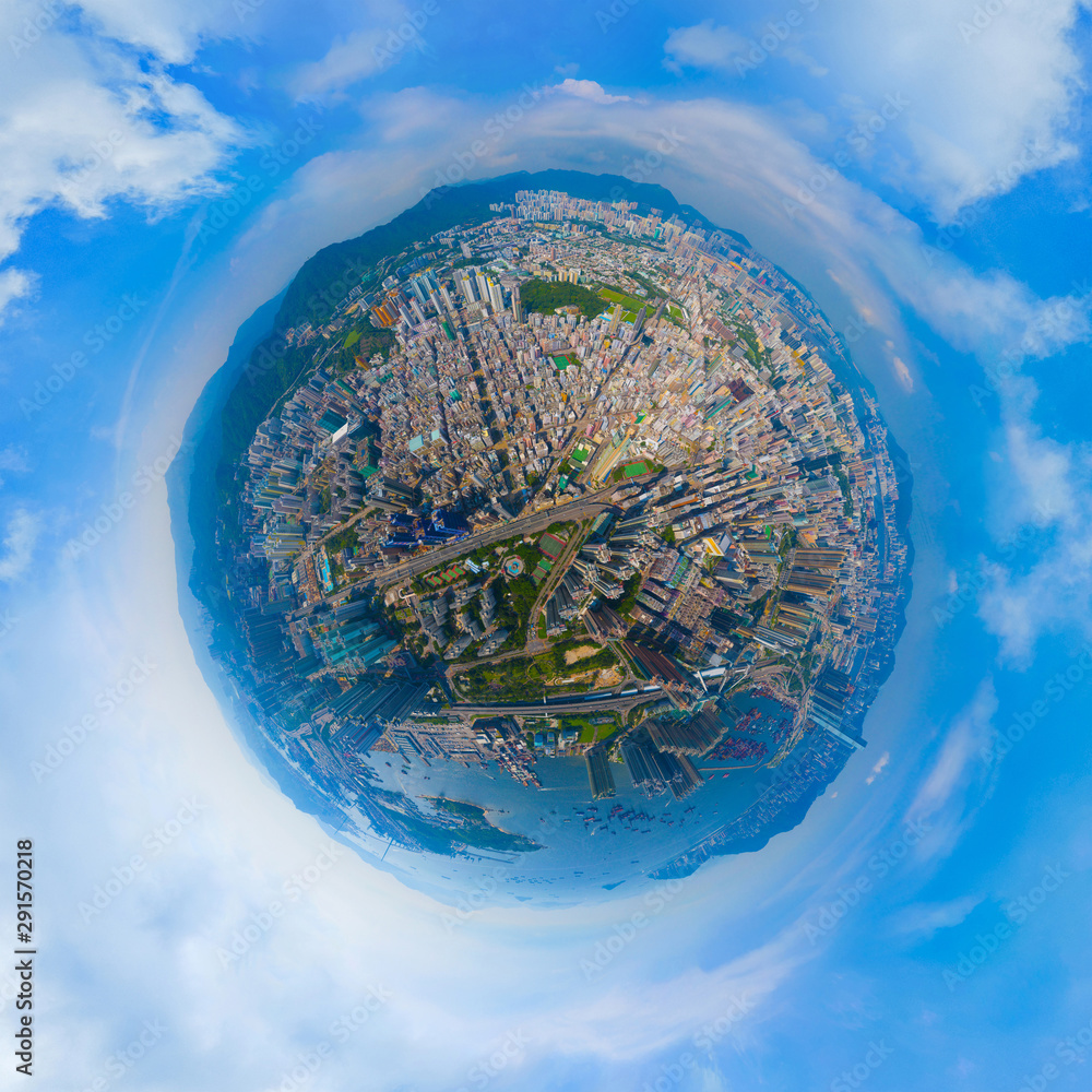 Little planet 360 degree sphere birds eye view. Panoramic view of aerial  view of Hong Kong Downtown. Financial district and business centers in  technology smart city. Skyscraper buildings at noon. Photos