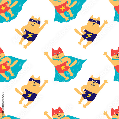 Hand-drawn cats in a superhero costume. Kids vector seamless pattern for textile, fabric, wallpaper, background.