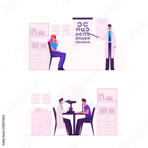 Ophthalmologist Doctor Check Eyesight for Eyeglasses Diopter. Male Oculist with Pointer Checkup Eye Sight. Professional Optician Exam Patient for Treatment Vision Cartoon Flat Vector Illustration