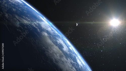 Planet earth and moon. View from space. The camera turns to the right. The moon is moving up. Stars twinkle. Flight over the Earth. 4K. Sunrise. Realistic atmosphere. The sun is in the frame.