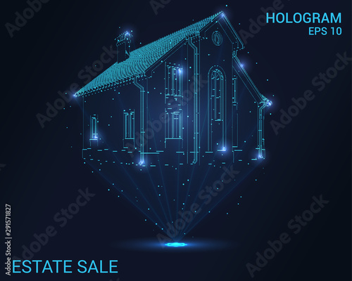 Hologram real estate sale. Holographic projection of the house. Flickering energy flux of particles.