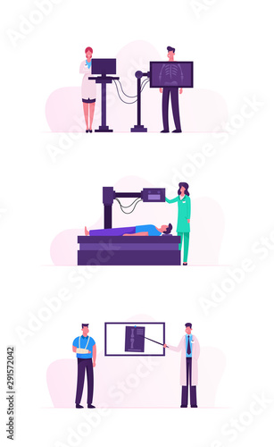 Mri or Xray Scanning Procedure. Doctor Looking at Results of Patient Scan on Monitor Screen. Man Lying Down in Radiographer Nuclear Diagnostic Machine in Hospital. Cartoon Flat Vector Illustration
