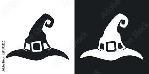 Witch hat silhouette, halloween illustration. Two-tone vector icon on black and white background