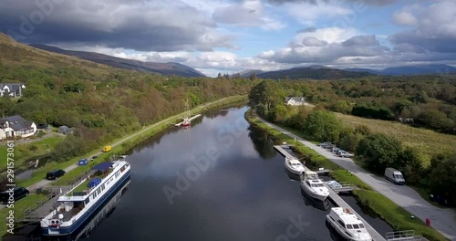 aerial footage of neptune's staircase leading to the caledonian canal in fort william and banavie in the argyll and lochaber region of the highlands of scotland in autumn photo