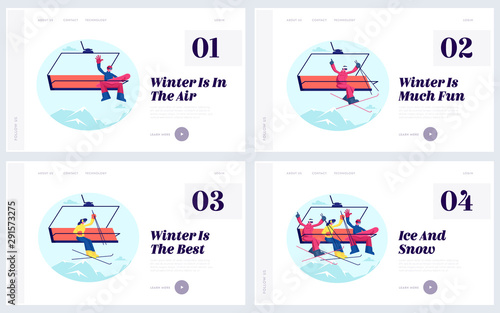 Happy People on Winter Resort Website Landing Page Set. Sportsmen Skiers and Snowboarders on Cable Car Transportation Rope Way over Mountain Hill Web Page Banner. Cartoon Flat Vector Illustration