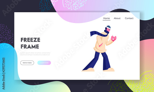 City Dweller at Cold Weather Website Landing Page. Chilled Passerby Man Wrapped to Warm Clothes Carry Cup of Hot Drink in Hand. Winter or Autumn Season Web Page Banner Cartoon Flat Vector Illustration