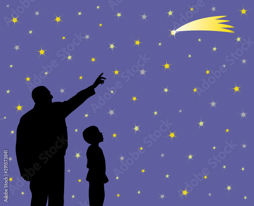 Father is showing falling star to his amazed child with wow face expression. Father is teaching kid about science, astronomy and explains to him that he can make a wish by seeing at shooting star.