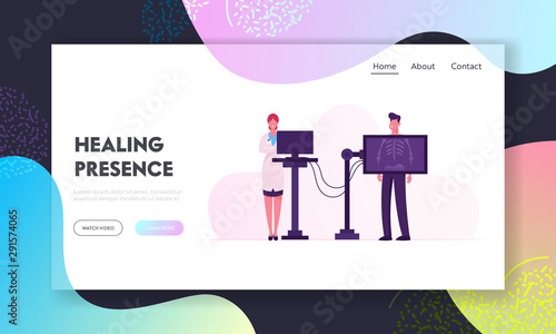 X-ray Medical Diagnostics Website Landing Page. Radiology Body Scanner Equipment for Patient Disease, Doctor Bones Skeleton Checkup and Diagnosis Web Page Banner. Cartoon Flat Vector Illustration